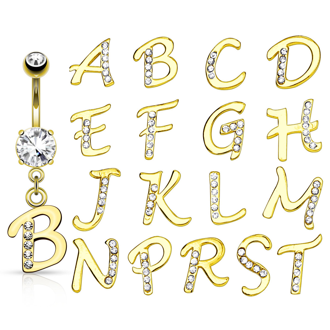 Bauchnabelpiercing mit Buchstabe in verschiedenen Farben